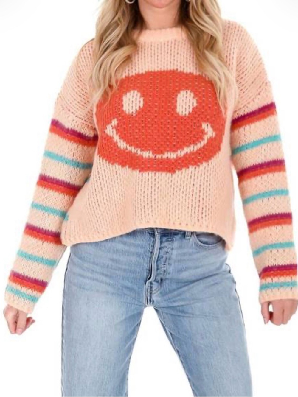 EASEL Sweater Like You Mean It Smiley Face Coral cozy happy soft size Large